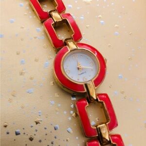 Vintage Woman's Watch - Avon Coral Enamel Gold Tone Chain, New Battery